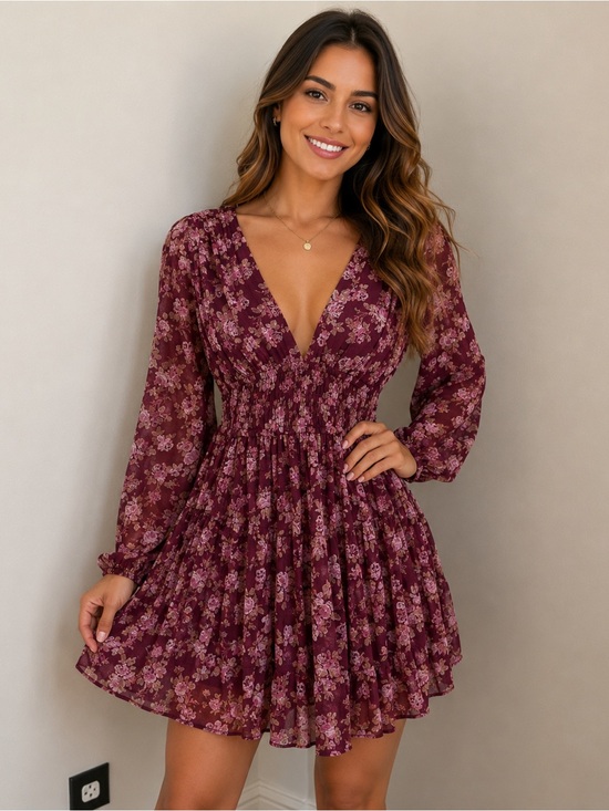 Free People Dresses & Skirts - Free People Floral V-Neck Long Sleeve Mini Dress